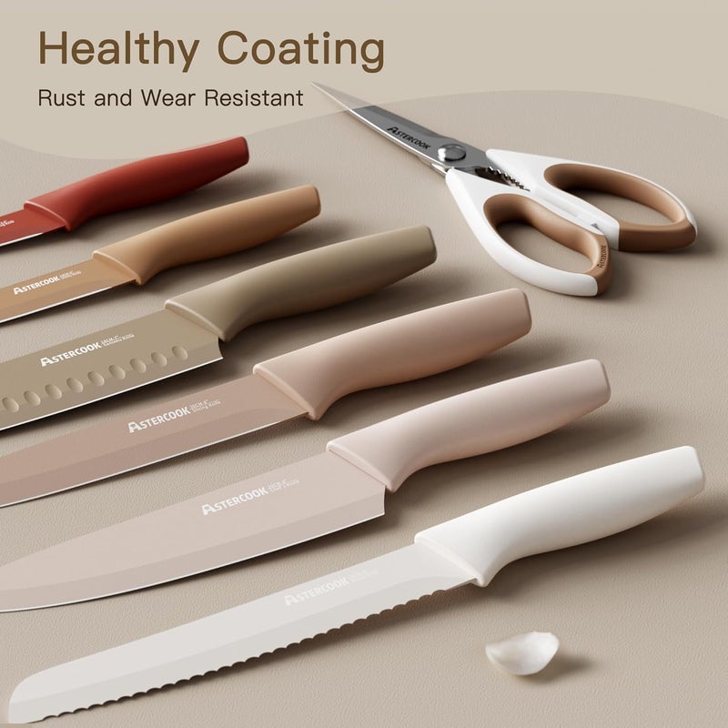 Astercook Knife Set, 13 Pieces Kitchen Knives Set with Healthy Anti-Rust Coating, Dishwasher Safe, Stainless Steel Chef Knife Sets with 6 Blade Guards, Perfect Holiday Gifts for Kitchen - Image 2